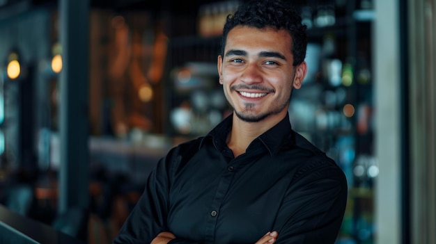 Joven carismático con camisa negra sonriendo con confianza en un acogedor café