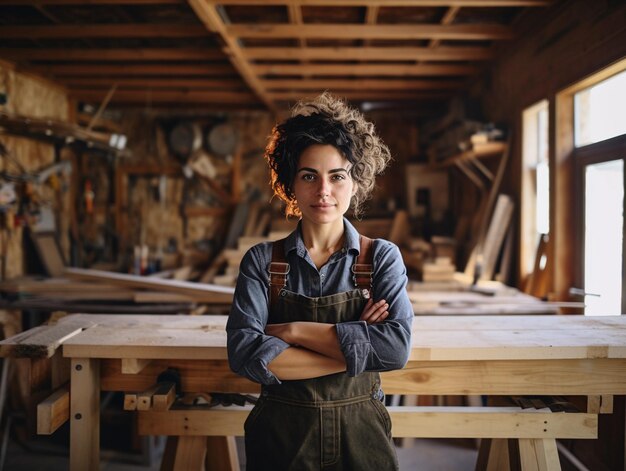 Foto joven carpintera confiada como diseñadora de madera en un taller de carpintería concepto de igualdad de género