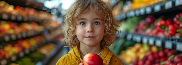 Joven en un carrito de la tienda de comestibles con una manzana cocina saludable para niños