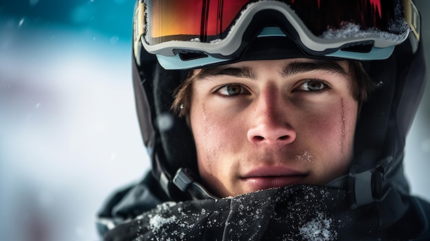 Un joven con casco y gafas se para en la nieve.