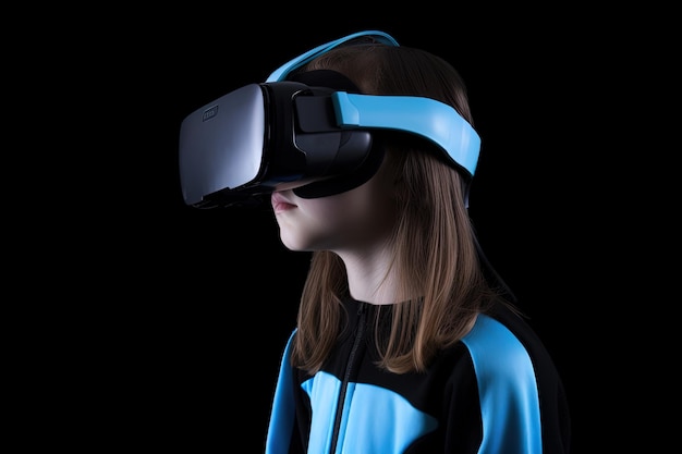 una joven con un casco de realidad virtual al estilo azul y negro