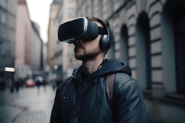 Un joven con casco de realidad virtual en la ciudad