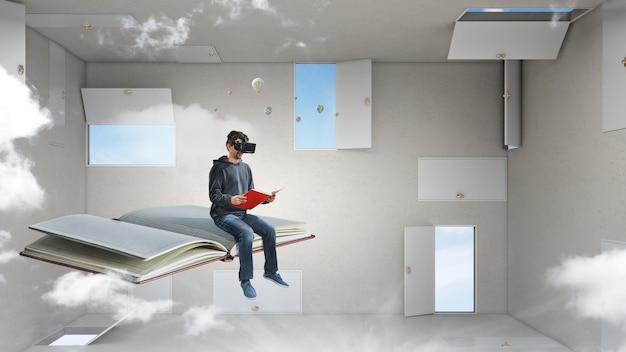 Foto joven con casco de realidad virtual en una habitación con muchas puertas. técnica mixta