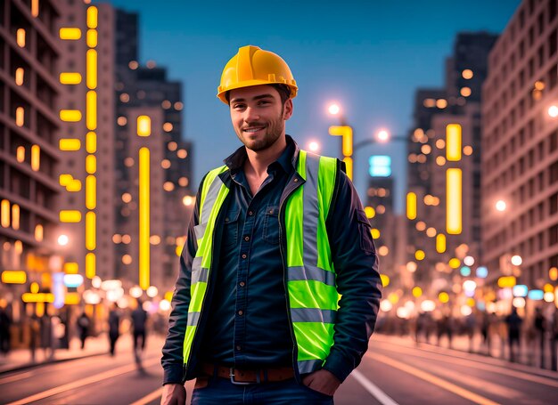 Joven con casco en el sitio de construcción Retrato de un trabajador de la construcción masculino en el fondo de un edificio en construcción IA generativa