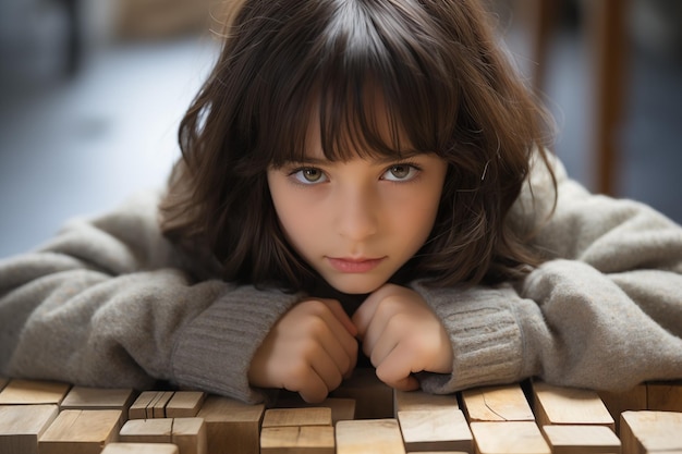 Joven caucásica de cabello negro con rompecabezas de madera concepto de salud mental infantil trastorno del espectro del autismo concienciación concepto educación en el fondo interior espacio de copia