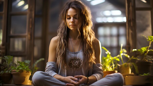 Una joven caucásica está meditando y haciendo yoga para la atención plena una mujer sana relajándose en casa