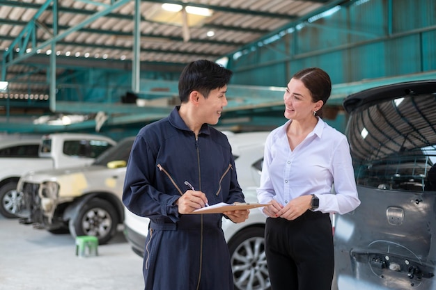 Una joven caucásica explica los problemas de su coche al mecánico en el taller de reparación de automóviles