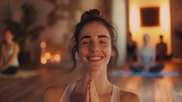 Una joven caucásica sonriente practicando clases de yoga en un estudio moderno