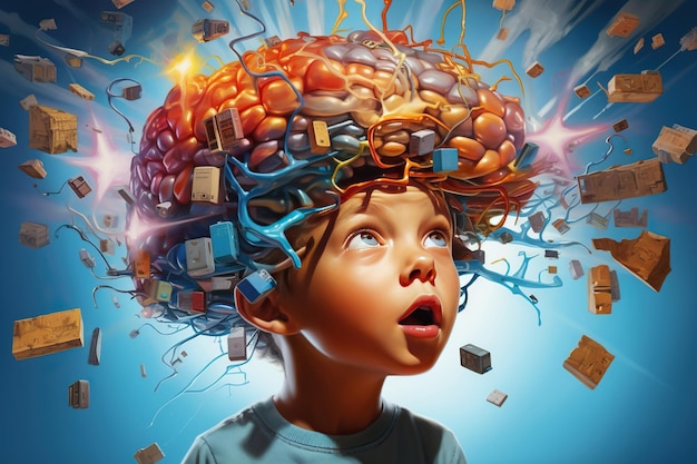 Un joven caucásico con cabello corto mira hacia arriba su cabeza representada como un cerebro lleno de varias esferas de colores y componentes eléctricos contra un fondo abstracto concepto de diversidad neuronal