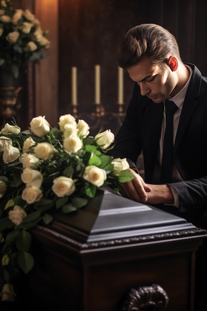 Un joven caucásico se despide de un hombre muerto en una iglesia Un ataúd de flores y un pariente en duelo están cerca Foto vertical