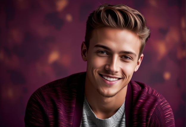 Un joven caucásico guapo sonriendo con confianza con un corte de pelo elegante contra un bokeh púrpura festivo