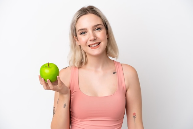 joven, caucásico, mujer, aislado, blanco, plano de fondo, con, un, manzana