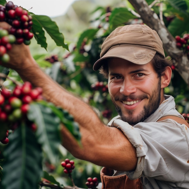 joven caucásico recogiendo a mano las bayas de café