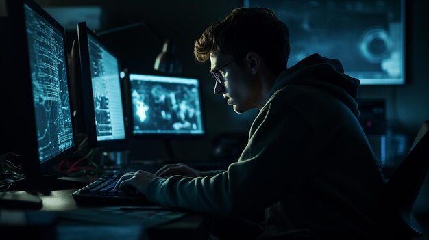 joven caucásico sentado y trabajando en la computadora