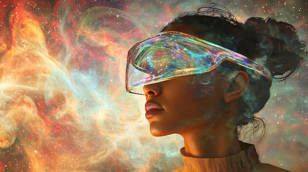 Una joven cautivadora lleva gafas de sol futuristas contra un telón de fondo vibrante