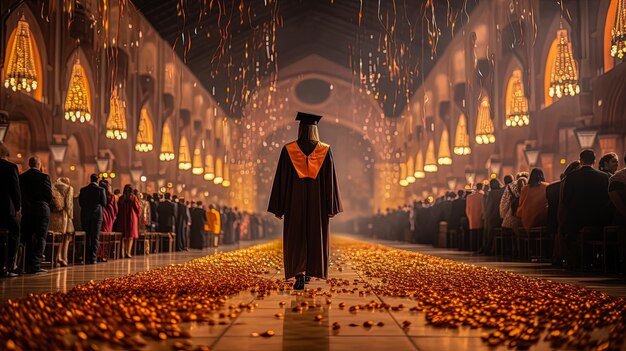 El joven se para con la celebración de la graduación de la espalda