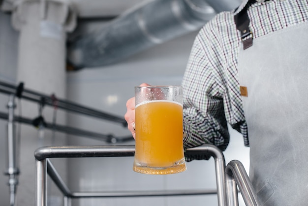 Un joven cervecero barbudo realiza el control de calidad de la cerveza recién elaborada en la fábrica de cerveza.