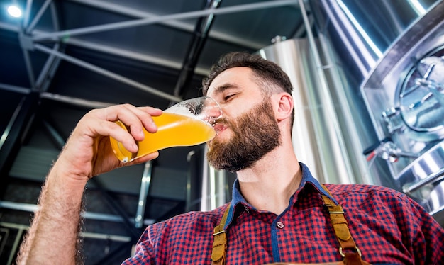 Joven cervecero vistiendo un delantal de cuero está probando cerveza en una cervecería moderna