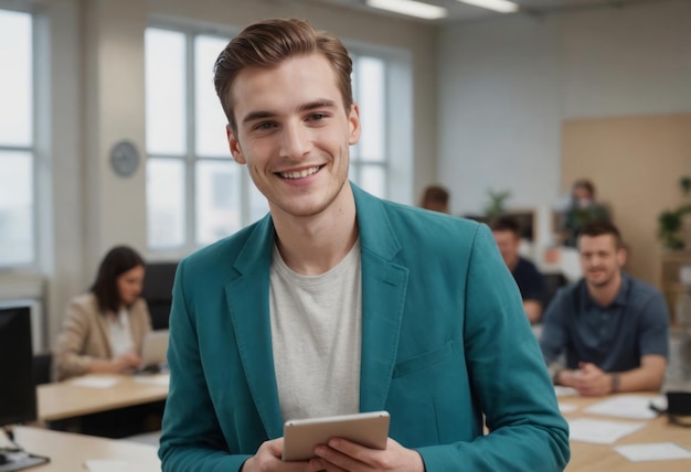 Un joven con una chaqueta azul azul sostiene una tableta con un comportamiento casual y accesible en una oficina ocupada