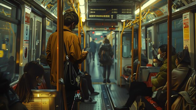 Un joven con una chaqueta marrón y una bolsa negra de pie en un tren del metro está mirando su teléfono