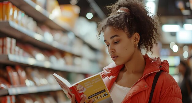 joven con chaqueta roja leyendo un libro en la tienda