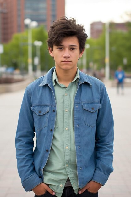 Foto un joven con una chaqueta de vaqueros está de pie en una acera