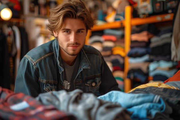 Joven con chaqueta de vaqueros sentado casualmente con una expresión pensativa en una tienda de ropa