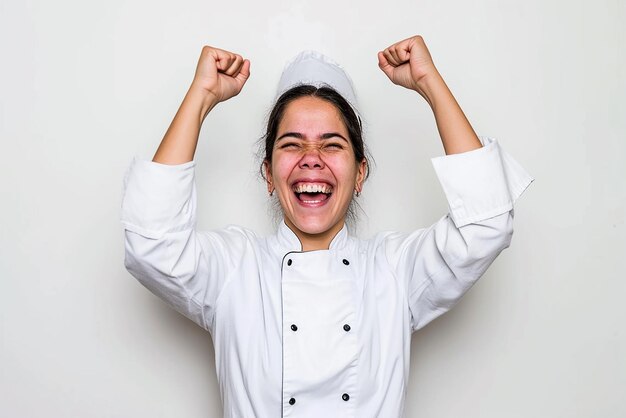 Joven chef brasileña celebrando una victoria en posición ganadora sobre fondo blanco aislado