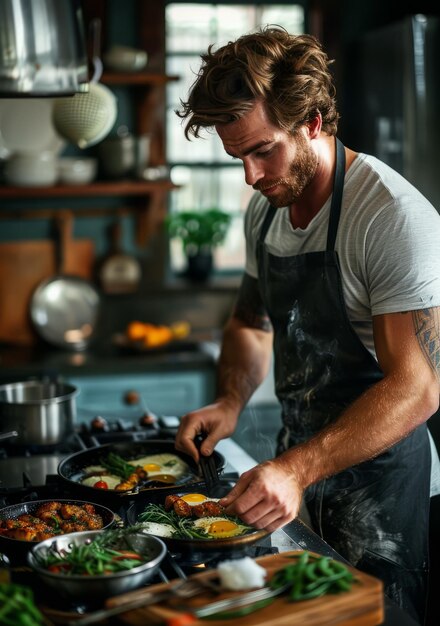 Foto joven chef cocinando en una cocina