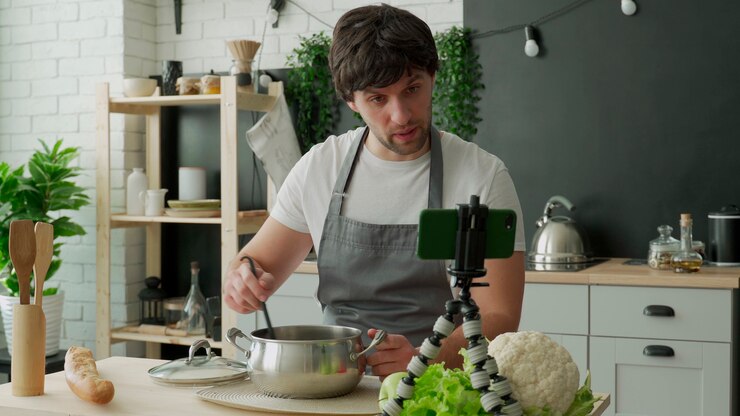Foto joven chef en un delantal filmando a sí mismo para un blog de cocina mientras cocina una comida saludable con verduras en la cocina