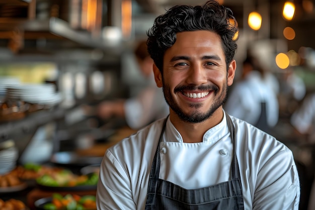 Un joven chef hispano sonriente de pie en la cocina de un restaurante de lujo para el texto