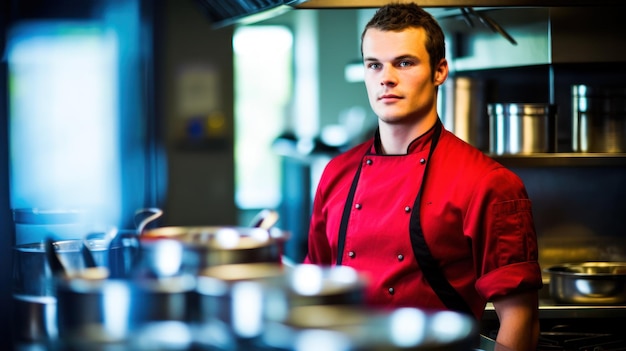 Foto joven chef posando en una cocina profesional