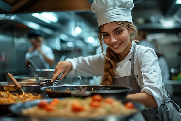 Una joven chef profesional trabajando en la cocina.