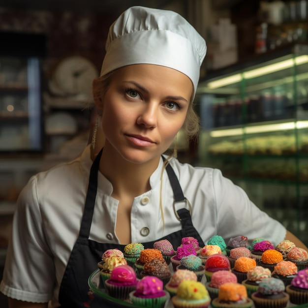 Joven chef de repostería de mujer bonita en la panadería de confitería de la ciudad moderna