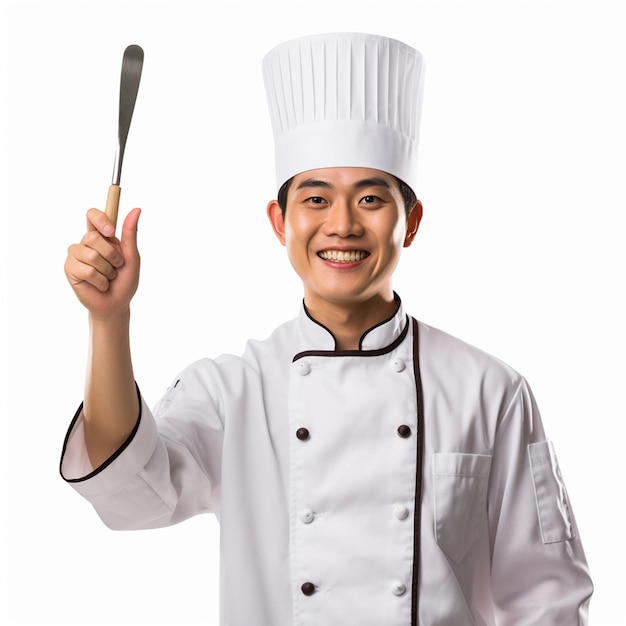 Joven chef de sexo masculino sonriendo y con uniforme de chef con espátula