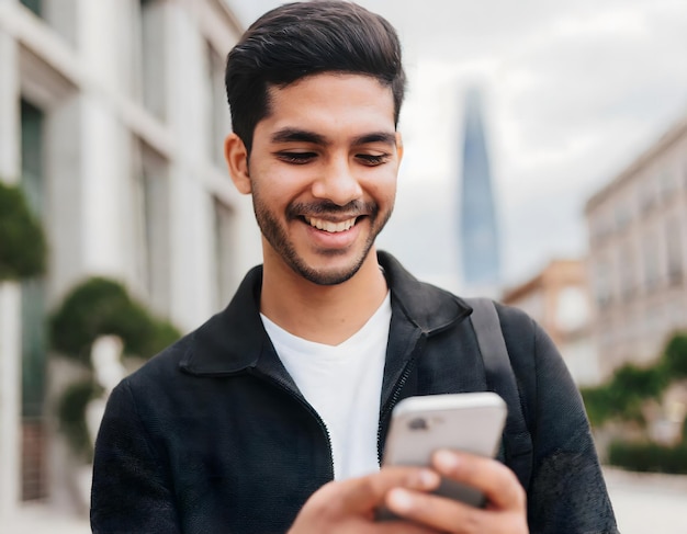 Un joven chequeando las redes sociales en el teléfono móvil mientras camina por la ciudad