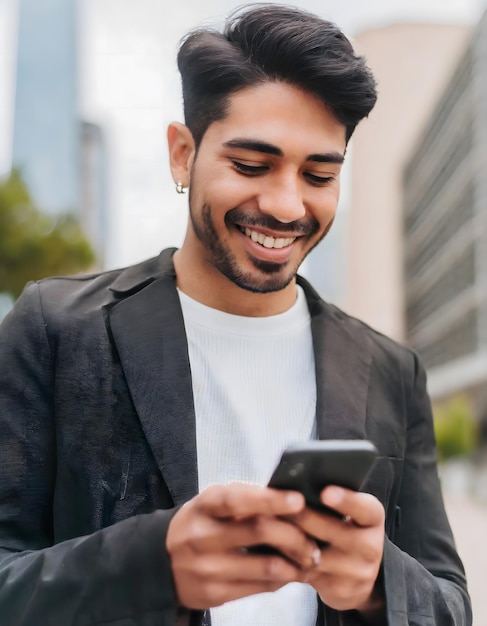 Un joven chequeando las redes sociales en el teléfono móvil mientras camina por la ciudad