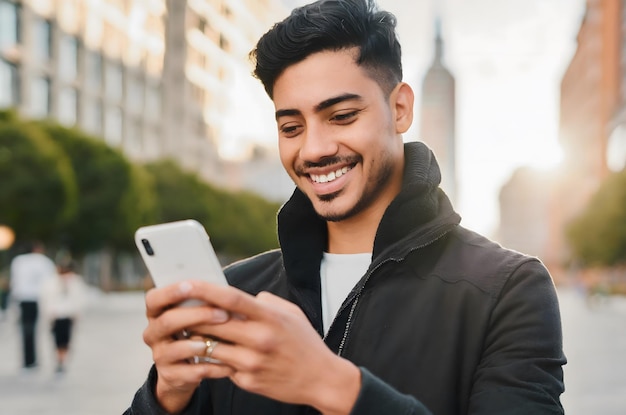 Un joven chequeando las redes sociales en el teléfono móvil mientras camina por la ciudad