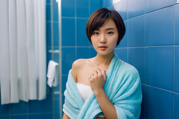 Joven chica atractiva posando en el baño