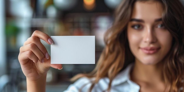 Joven chica bonita mostrando una tarjeta en blanco aislada en blanco