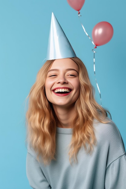 Joven chica linda celebrando con cabello largo y rizado y gorra de cumpleaños sosteniendo una pieza de IA generativa