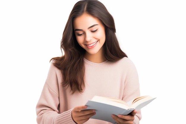 Joven chica morena bonita sobre un fondo blanco aislado sosteniendo un libro