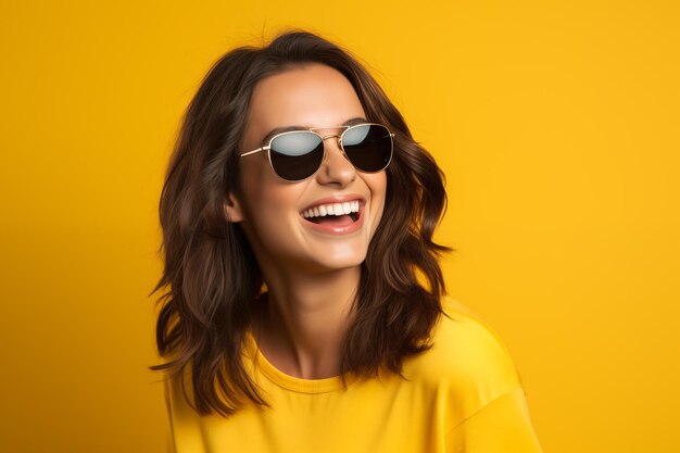 Joven chica morena bonita sobre un fondo colorido aislado con gafas de sol