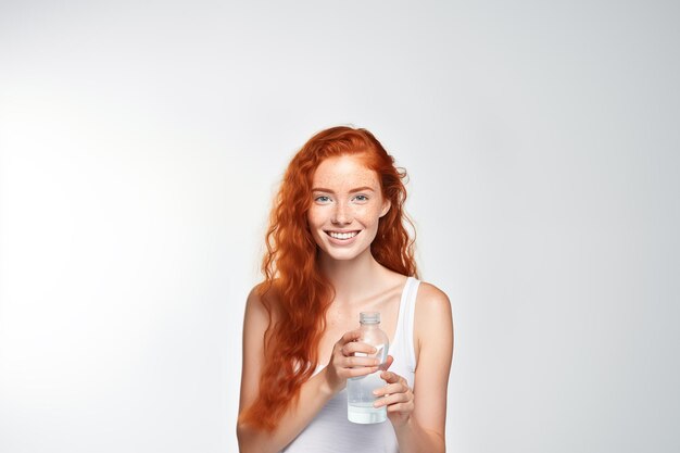 Joven chica pelirroja bonita sobre un fondo blanco aislado sosteniendo una botella de agua