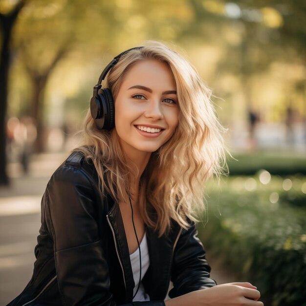 Joven chica rubia bonita al aire libre en un parque escuchando música con auriculares