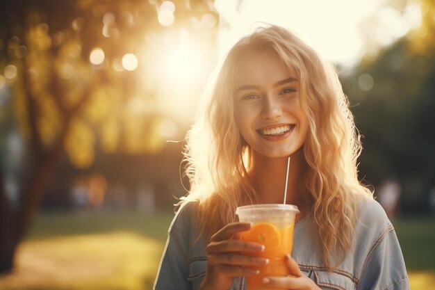 Joven chica rubia bonita al aire libre en un parque con una naranja