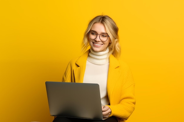 Joven chica rubia bonita sobre un fondo colorido aislado trabajando con una computadora portátil