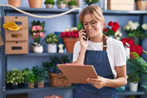 Joven chica rubia florista hablando por teléfono inteligente leyendo portapapeles en floristería