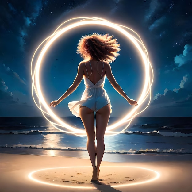 Joven chica saltando en la playa de la noche de su cabello rizado en un círculo brilla