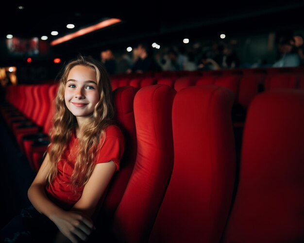 Foto joven chica sonriente viendo una película en el cine con sillas cómodas entretenimiento y cine concepto pancarta con espacio de copia ia generativa